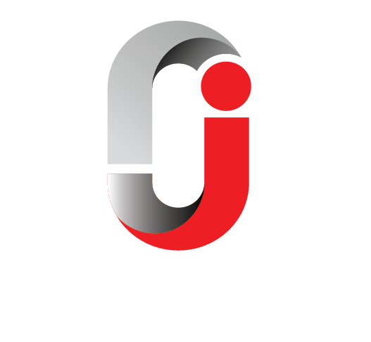 重なり合う形状を持つ 3D 幾何学デザインを特徴とする、様式化された赤とグレーのロゴ。